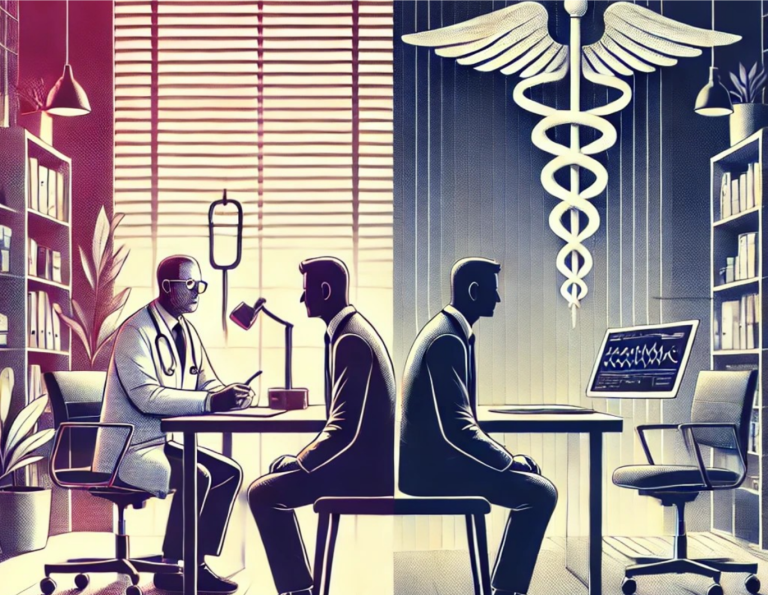 Illustration d'une consultation médicale avec un médecin et deux interlocuteurs, symbole des différents modes d'exercice en médecine libérale (secteur 1, secteur 2, OPTAM)