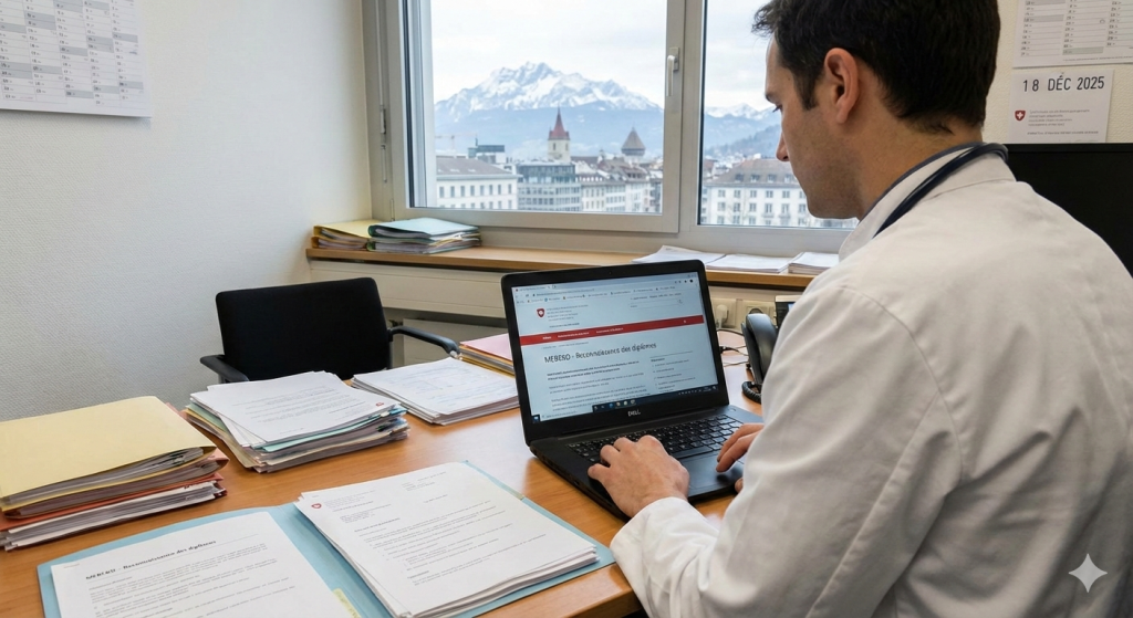 Médecin de dos à son bureau consultant le portail MEBEKO sur son ordinateur, avec des dossiers d'équivalence de diplôme et vue sur les Alpes suisses par la fenêtre.